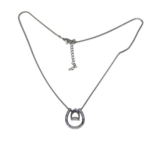 Rhinestone Dangle Pendant Filigree Silvertone Chain Necklace 16 Inch Choker - Picture 8 of 8